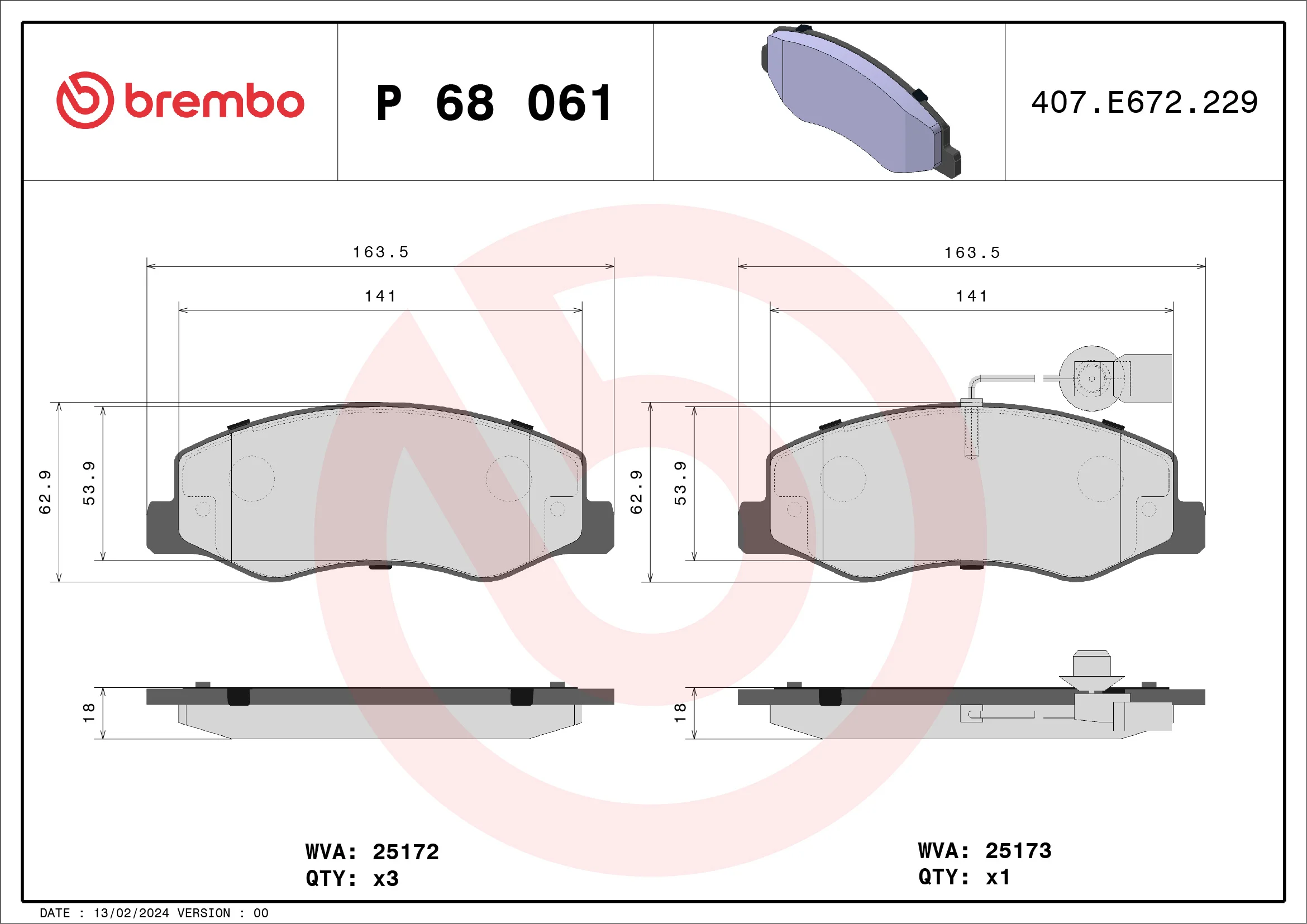 BREMBO P 68 061 Sada brzdových destiček kotoučová brzda PRIME LINE